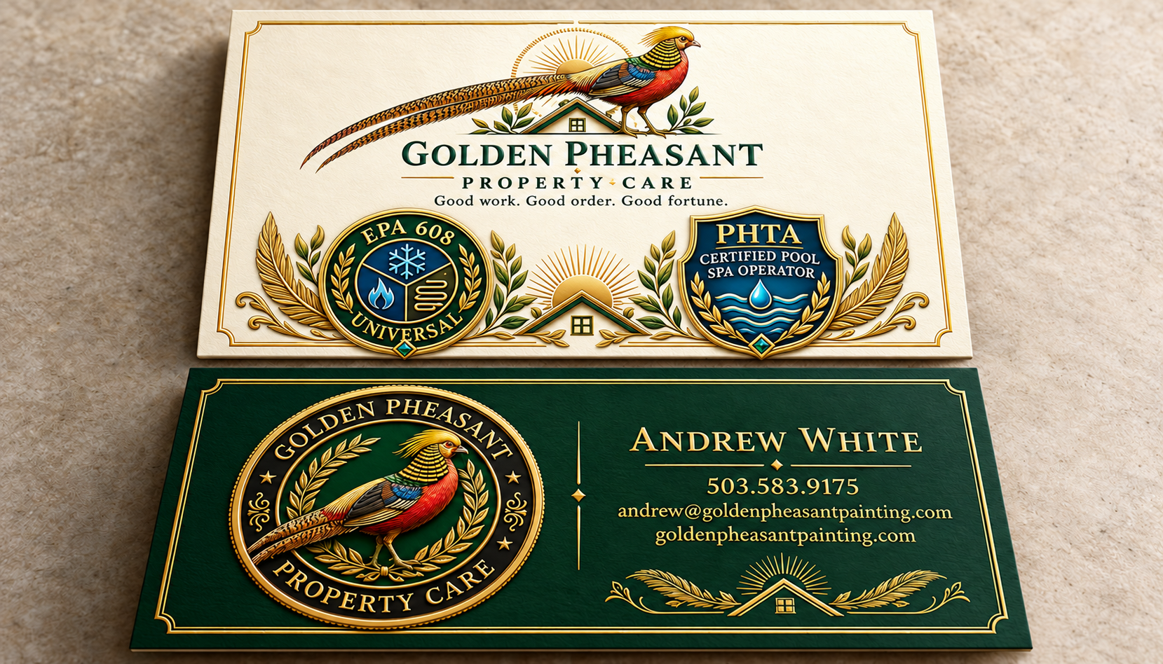 Golden Pheasant identity study with colourful engraved pheasant and two credential motifs